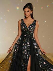 Smilprince 优雅黑色 V 领刺绣薄纱礼服，高开衩，带花卉细节，女士舞会礼服，晚礼服，奢华薄纱礼服，春季礼服，礼服长款派对礼服婚礼宾客礼服 - 黑色 - 查看 9