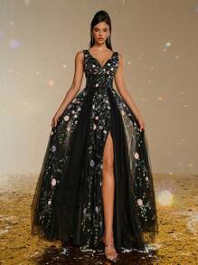 Smilprince 优雅黑色 V 领刺绣薄纱礼服，高开衩，带花卉细节，女士舞会礼服，晚礼服，奢华薄纱礼服，春季礼服，礼服长款派对礼服婚礼宾客礼服 - 黑色 - 查看 6