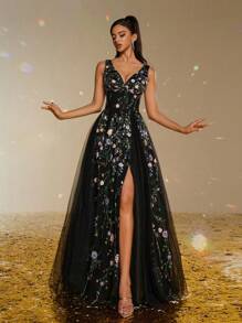 Smilprince 优雅黑色 V 领刺绣薄纱礼服，高开衩，带花卉细节，女士舞会礼服，晚礼服，奢华薄纱礼服，春季礼服，礼服长款派对礼服婚礼宾客礼服 - 黑色 - 查看 1