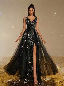 Smilprince 优雅黑色 V 领刺绣薄纱礼服，高开衩，带花卉细节，女士舞会礼服，晚礼服，奢华薄纱礼服，春季礼服，礼服长款派对礼服婚礼宾客礼服 - 黑色 - 查看 5