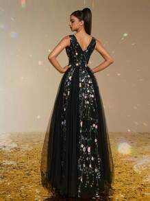 Smilprince 优雅黑色 V 领刺绣薄纱礼服，高开衩，带花卉细节，女士舞会礼服，晚礼服，奢华薄纱礼服，春季礼服，礼服长款派对礼服婚礼宾客礼服 - 黑色 - 查看 2