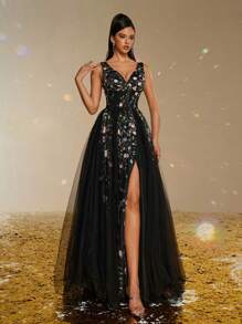 Smilprince 优雅黑色 V 领刺绣薄纱礼服，高开衩，带花卉细节，女士舞会礼服，晚礼服，奢华薄纱礼服，春季礼服，礼服长款派对礼服婚礼宾客礼服 - 黑色 - 查看 7