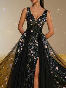 Smilprince 优雅黑色 V 领刺绣薄纱礼服，高开衩，带花卉细节，女士舞会礼服，晚礼服，奢华薄纱礼服，春季礼服，礼服长款派对礼服婚礼宾客礼服 - 黑色 - 查看 8