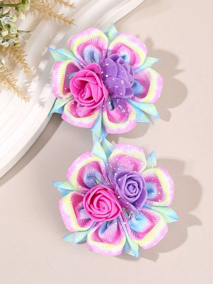 2 piezas Pinzas para el cabello con flores en degradado, Pinzas de cocodrilo con flores arcoíris, Elegantes y delicadas, Adecuadas para niñas, Se pueden usar como lazos dobles para coleta, Accesorios para el cabello para boda, fiesta de cumpleaños, niños