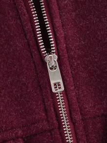 女士时尚休闲百搭纯色大口袋拉链通勤羊毛上衣外套 - 酒紅色 - 查看 7