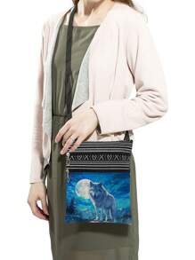 Unique Realistic Galaxy Wolf Design Unisex Crossbody Bag, Reusable Shoulder Messenger Bag, Fashionable Sling Bag With Moon Animal Pattern For Storage, Party Favor Gift For Wolf Lovers - Blue - View 3