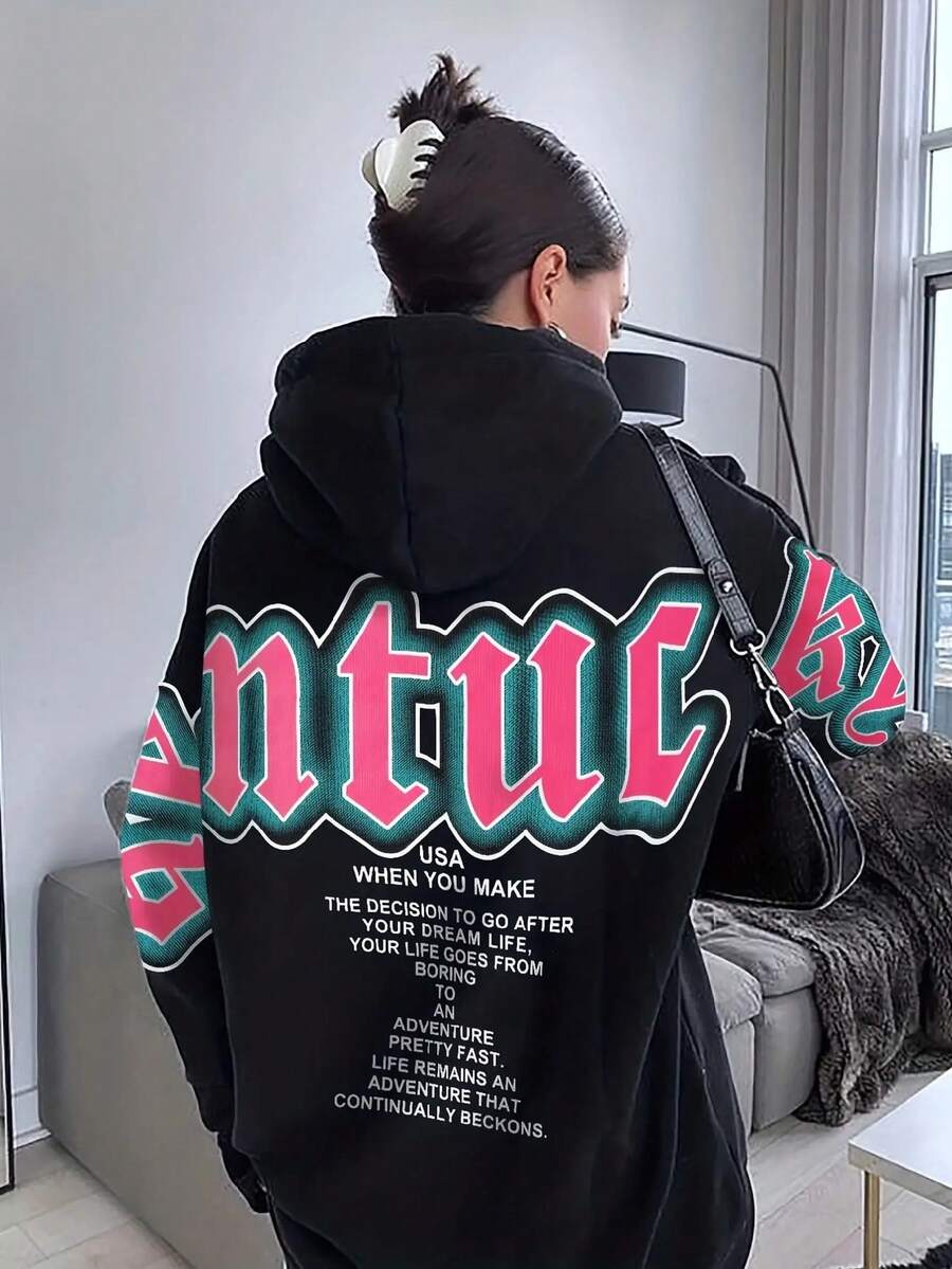 Sudadera con capucha de ajuste holgado con estampado de letras, ropa de otoño/invierno para mujer