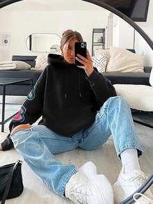 Sudadera con capucha de ajuste holgado con estampado de letras, ropa de otoño/invierno para mujer