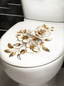 1 件金色花叶马桶座贴纸，带金色装饰叶 - 不对称形状，一次性贴纸，陶瓷表面，粘性塑料装饰，植物主题浴室装饰 - 金色花卉葉馬桶貼 - 查看 1
