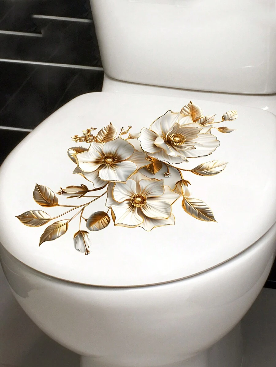 1 件金色花叶马桶座贴纸，带金色装饰叶 - 不对称形状，一次性贴纸，陶瓷表面，粘性塑料装饰，植物主题浴室装饰 - 金色花卉葉馬桶貼 - 查看 1
