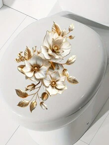 1 件金色花叶马桶座贴纸，带金色装饰叶 - 不对称形状，一次性贴纸，陶瓷表面，粘性塑料装饰，植物主题浴室装饰 - 金色花卉葉馬桶貼 - 查看 3