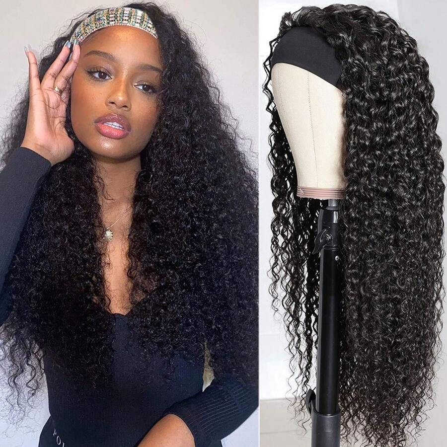 Headband Wig Human Hair 12A Deep Wave Headband Wig 180% Density Glueless None Lace Front Wigs For Women Human Hair Deep Curly Wear And Go Wigs Curly Headband Half Wigs Natural Color