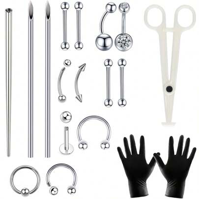Kit de dilatación y perforación corporal que incluye agujas de perforación, tapers y pasadores de inserción para oreja/nariz/ombligo/pezón/labio/ceja/lengua/trago/helix