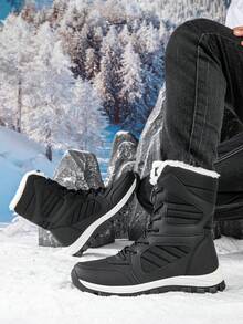 女式中筒雪地靴，防水鞋面，防滑外底，厚实保暖内衬，高帮雪地靴，冬季 - 黑灰色 - 查看 2