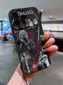 Étui de téléphone portable doux anti-chute avec bord droit perforé, peint, avec sangle de poignet en silicone noir attachée.