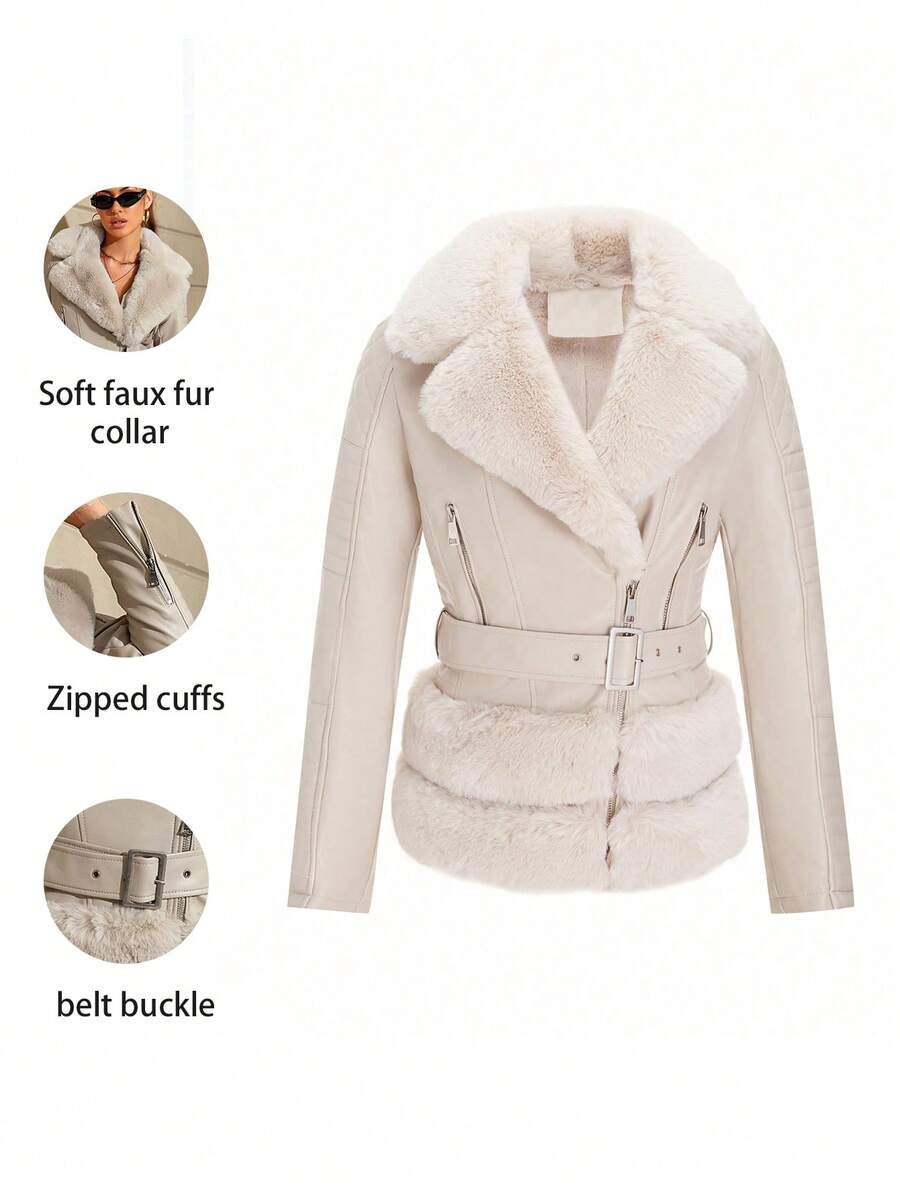 女式仿皮夹克，配有优雅的仿皮草领子、腰带和温暖的复古风格 - 非常适合秋冬季节 - 米色 - 查看 1