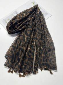 1 件女士时尚豹纹流苏装饰围巾/披肩，适合日常使用 - 彩色 - 查看 8