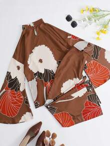 Váy quấn hông tay dài hở lưng thời trang thanh lịch giản dị họa tiết xếp nếp cổ đứng cho nữ cỡ lớn mùa xuân thu - màu nâu - Xem 2