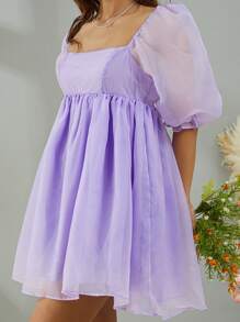 Women Summer Puffy Dress, Solid Color Square Neck Bubble Sleeve One-Piece Short Dress For Ladies, Pink/Purple/Yellow - Purple - View 8