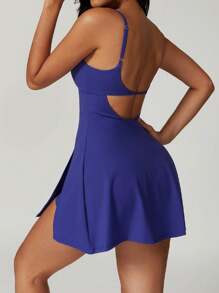 Women's Tennis Dress With Shorts, Spaghetti Strap Backless Yoga Golf Dresses, Side Slit A-Line Exercise Workout Dress(It Is Recommended To Buy The Product One Size Larger) - 藍色 - 查看 4