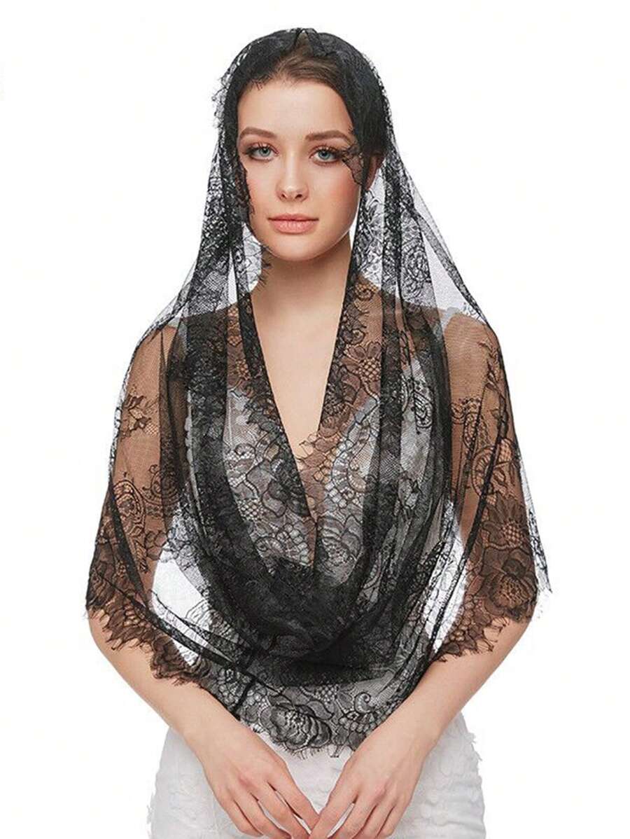 1pc Black Muslim Bridal Scarf Lace Wedding Shawl - A - View 1