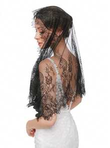 1pc Black Muslim Bridal Scarf Lace Wedding Shawl - A - View 2