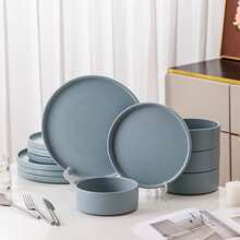 vancasso Service de table en grès 12 pièces, assiettes à dîner, assiettes à dessert et assiettes creuses pour 4 personnes, ensemble bleu