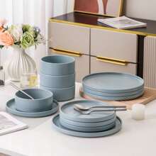 vancasso Service de table en grès 12 pièces, assiettes à dîner, assiettes à dessert et assiettes creuses pour 4 personnes, ensemble bleu