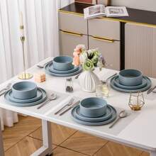 vancasso Service de table en grès 12 pièces, assiettes à dîner, assiettes à dessert et assiettes creuses pour 4 personnes, ensemble bleu