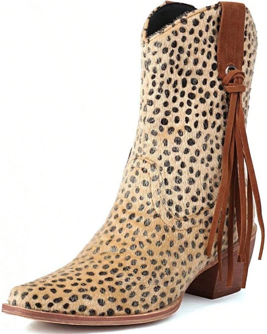 Ankle Cowboy Boots For Women Suede Snip Toe Chunky Heel Western Boots - Beige - View 1