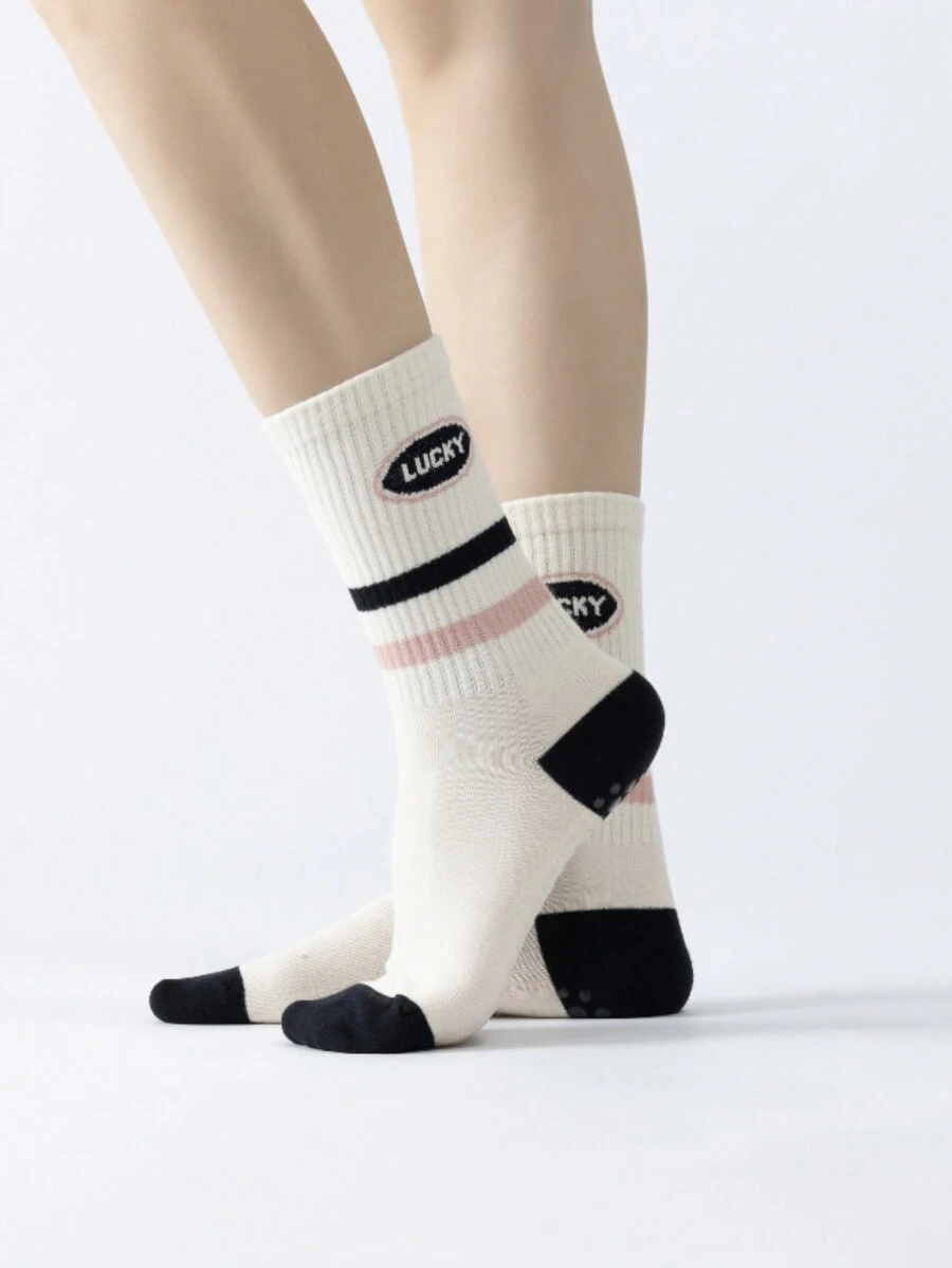 1 双女式彩色条纹中筒瑜伽普拉提袜带防滑运动袜室内舞蹈健身地板袜缓冲中筒袜适合芭蕾舞蹈 - 彩色 - 查看 1