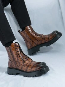 男士黑色或棕色高帮靴、格子时尚摩托车靴、圆头德比靴 - 棕色 - 查看 1