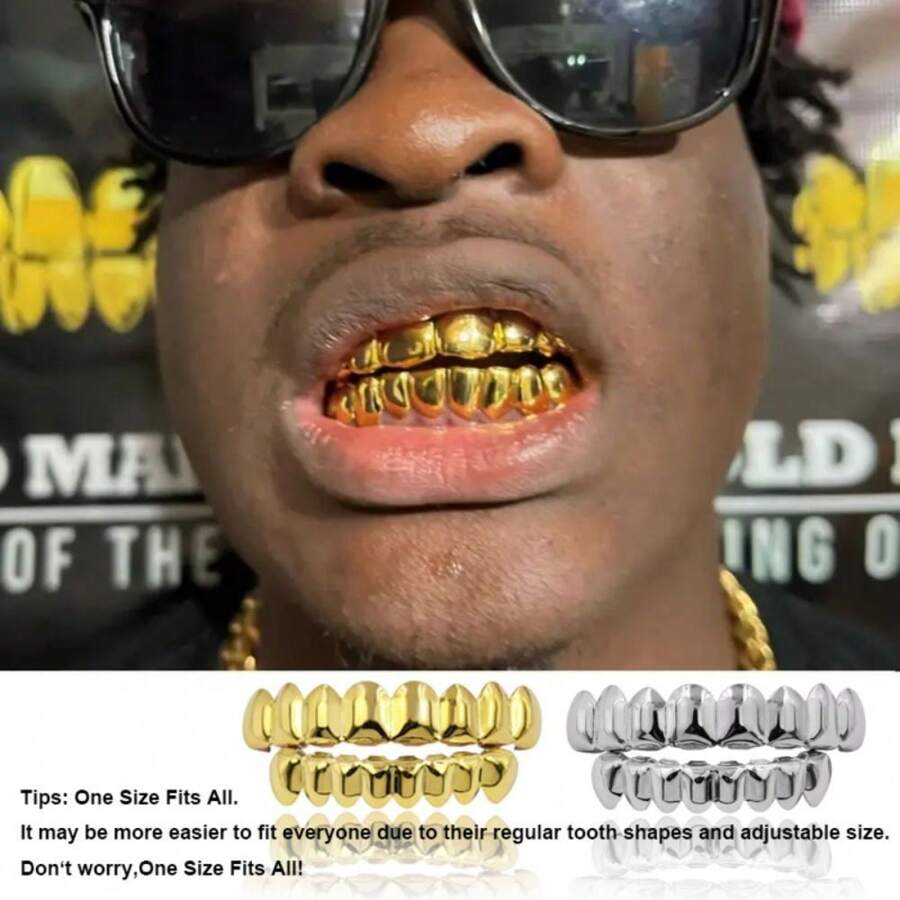 THATBOY Bộ 2 miếng/set mạ vàng 18K phong cách Hip Hop, 8 miếng mạ đồng cho răng trên và 8 miếng mạ đồng cho răng dưới, đính đá Zirconia tổng hợp - Phụ kiện nha khoa thời trang unisex