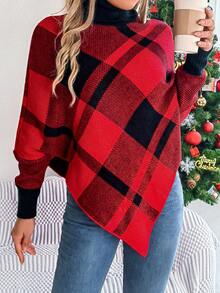Christmas Rhombus Color Block High Collar Pullover Poncho Sweater, Autumn/Winter - Red - View 4
