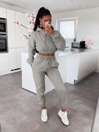 2st/set Dam Casual Varm Förtjockad Enfärgad Långärmad Huvtröja Topp och Slim Fit Sportbyxor Träningsoverall, höst/vinter