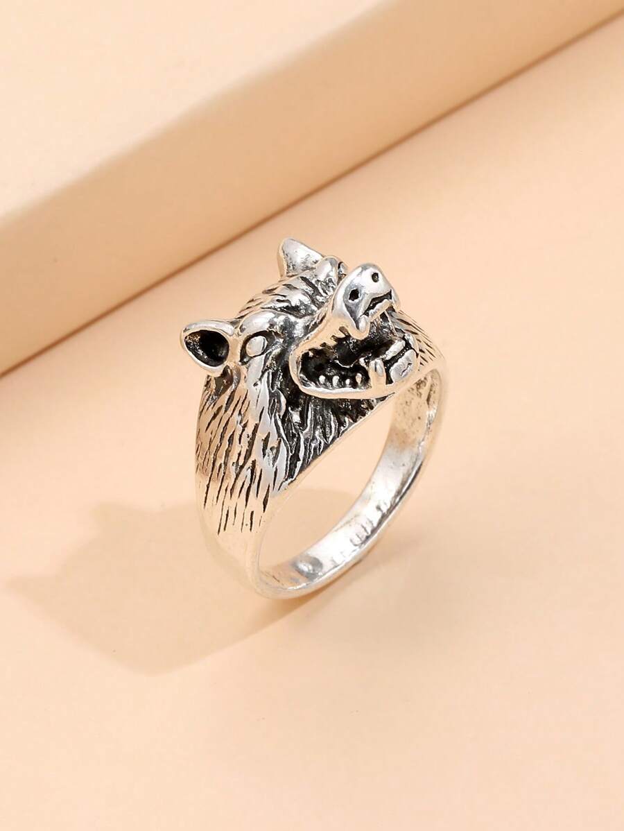 1 pieza Anillo con diseño de cabeza de lobo de moda para niños, anillo punk de hip hop para fiesta, joyería - Unitalla - Ver 1