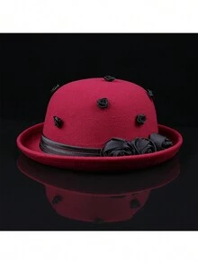 1 件优雅纯色帽子，纹理仿羊毛面料，适合春季、秋季和冬季的派对 - A - 查看 5