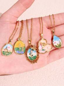 1pc Vintage-Inspired Women Jewelry Asymmetrical Pendant Necklace With Pearl, Rose Flower, Wheat Spikes & Colorful Floral Painting Design Valentines,Mom,Mother,Mother's Day,Gift - Multicolor - View 4