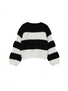 柔软蓬松针织毛衣新款条纹长袖针织上衣宽松短款高档秋冬