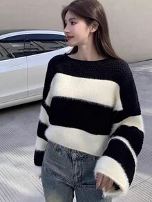 柔软蓬松针织毛衣新款条纹长袖针织上衣宽松短款高档秋冬