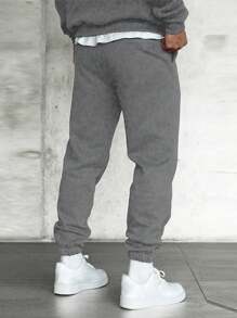 男士宽松休闲抽绳九分裤，薄绒面料，春秋季 - 深灰色 - 查看 2