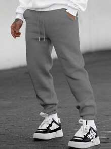 男士宽松休闲抽绳九分裤，薄绒面料，春秋季 - 深灰色 - 查看 1