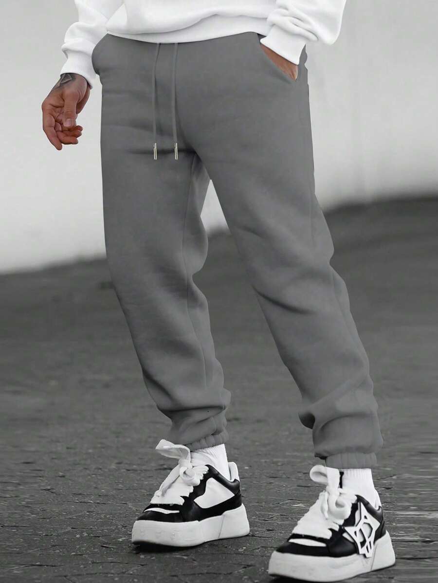 男士宽松休闲抽绳九分裤，薄绒面料，春秋季 - 深灰色 - 查看 1