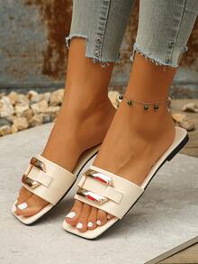 Dép xỏ ngón thời trang thường ngày cho nữ, thoải mái, đa năng, tối giản, trang trí bằng kim loại hình vuông cỡ lớn, dép xỏ ngón đế bằng hở ngón - Màu be - Xem 4