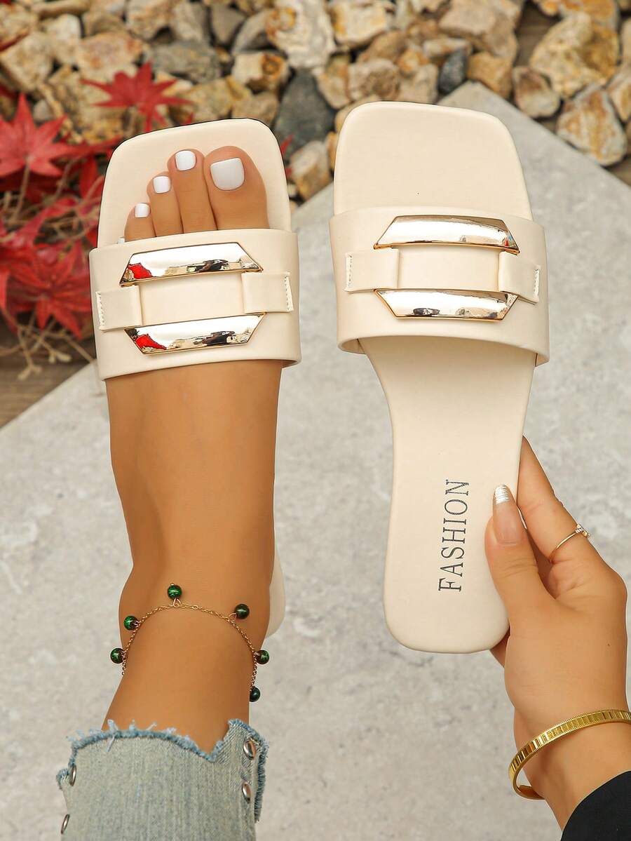 Dép xỏ ngón thời trang thường ngày cho nữ, thoải mái, đa năng, tối giản, trang trí bằng kim loại hình vuông cỡ lớn, dép xỏ ngón đế bằng hở ngón - Màu be - Xem 1