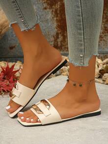 Dép xỏ ngón thời trang thường ngày cho nữ, thoải mái, đa năng, tối giản, trang trí bằng kim loại hình vuông cỡ lớn, dép xỏ ngón đế bằng hở ngón - Màu be - Xem 2