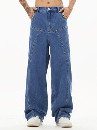 男士蓝色口袋直筒宽松休闲百搭牛仔裤