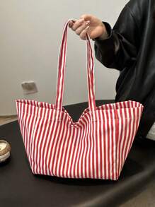 Túi Tote Canvas Sọc, Sang Trọng & Đơn Giản, Sức Chứa Lớn, Thích Hợp Cho Đi Làm, Mua Sắm, Chuyến Đi Ngắn Ngày - Đỏ - Xem 4