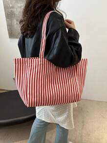 Túi Tote Canvas Sọc, Sang Trọng & Đơn Giản, Sức Chứa Lớn, Thích Hợp Cho Đi Làm, Mua Sắm, Chuyến Đi Ngắn Ngày - Đỏ - Xem 5