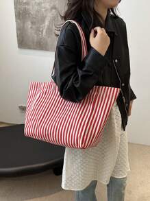 Túi Tote Canvas Sọc, Sang Trọng & Đơn Giản, Sức Chứa Lớn, Thích Hợp Cho Đi Làm, Mua Sắm, Chuyến Đi Ngắn Ngày - Đỏ - Xem 6